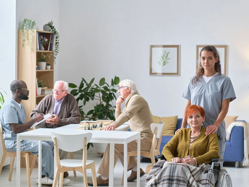 A group of people socializing in a living room, highlighting a woman in a wheelchair
